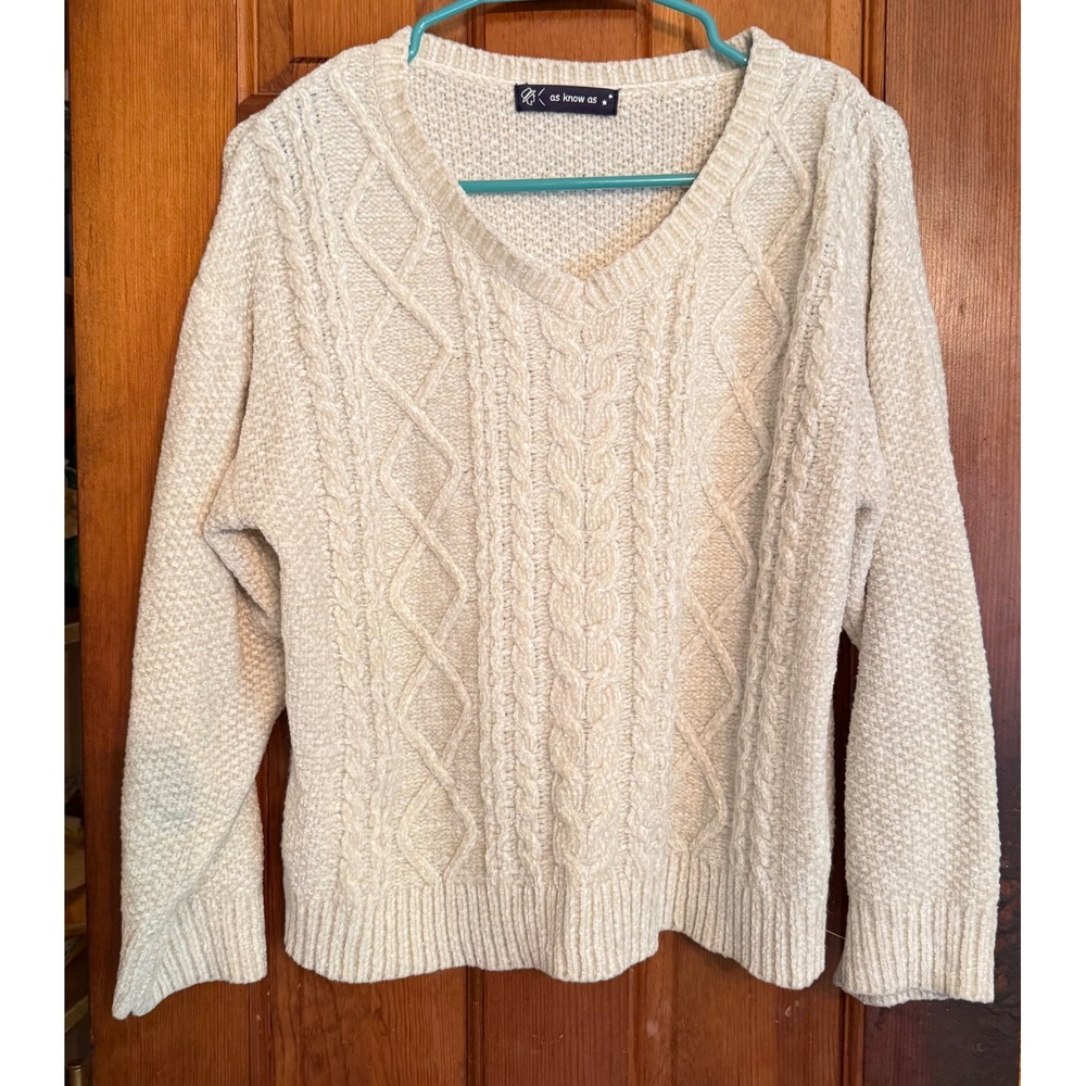 AS KNOW AS Japan Women's M Ivory Cable Knit V-Neck Aran Sweater Japanese Brand